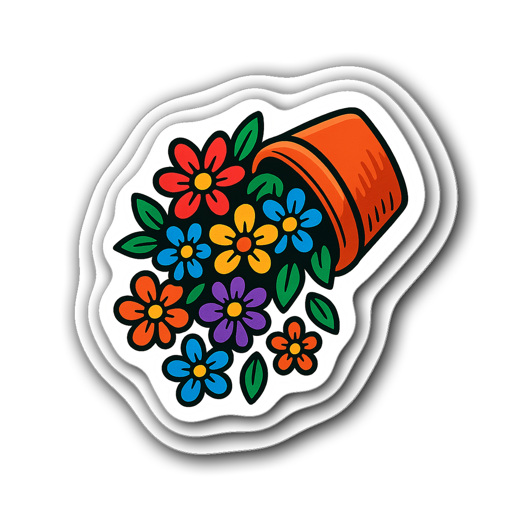 Artistic wall decal of a flower pot spilling colorful flowers