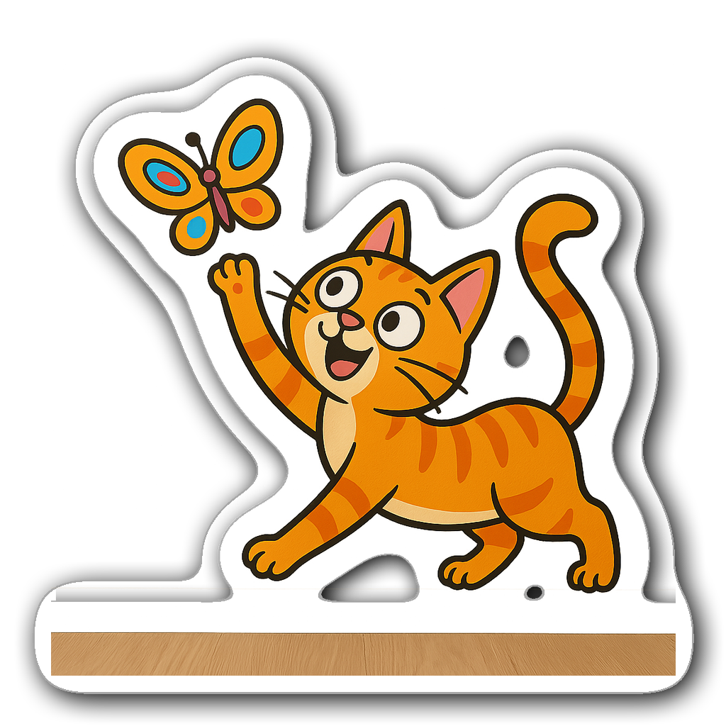 Playful cartoon cat reaching for a whimsical butterfly design