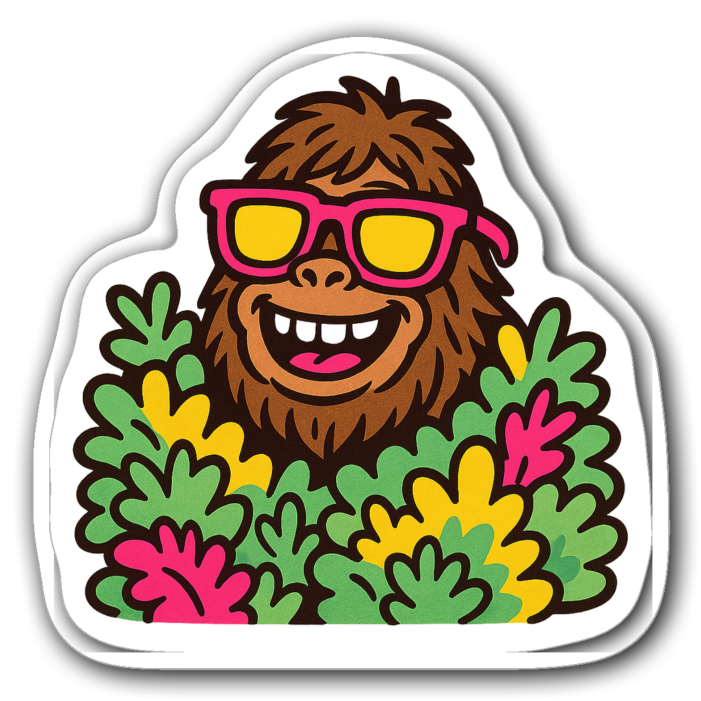 Quirky Bigfoot sticker peeking behind colorful foliage