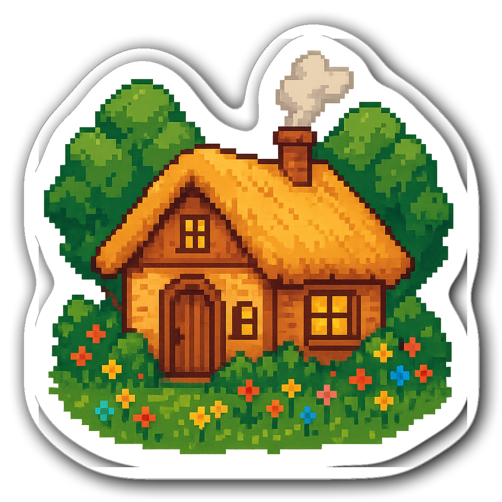 Pixel art sticker of a cozy cottage with flowers and trees.