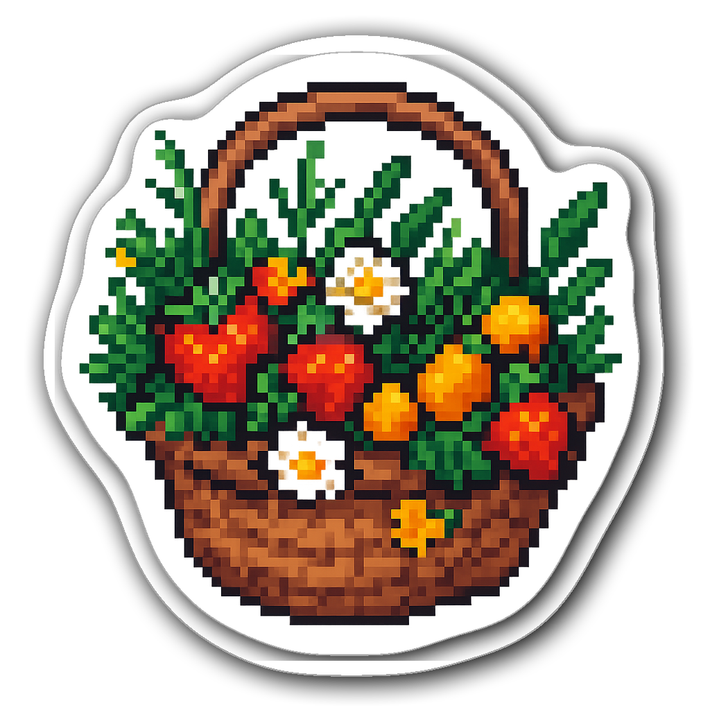 Pixel art sticker of a basket filled with fruits and flowers