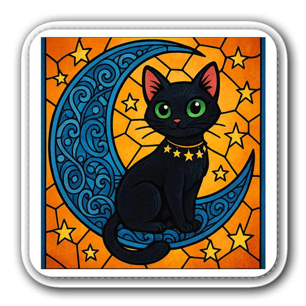 Whimsical black cat with green eyes on crescent moon sticker