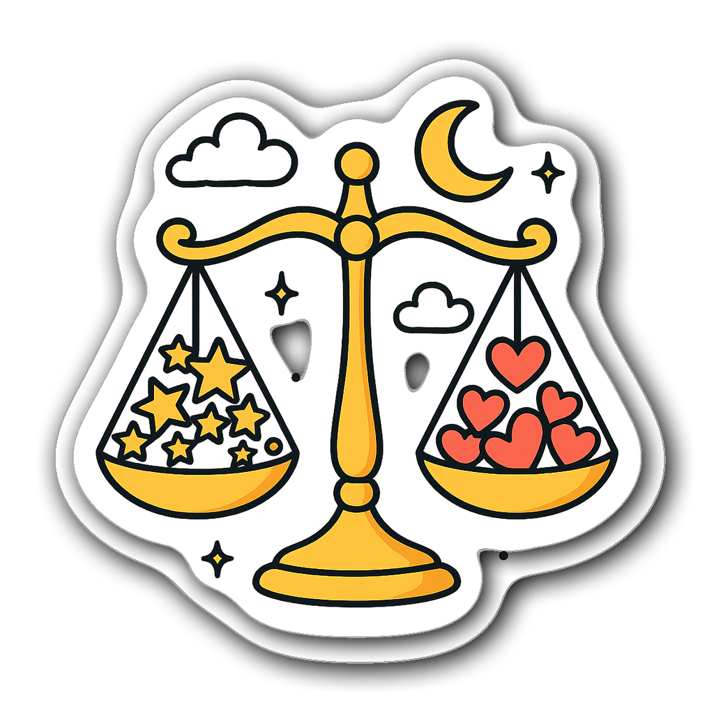 Vibrant Libra zodiac scale sticker with stars and a crescent moon.