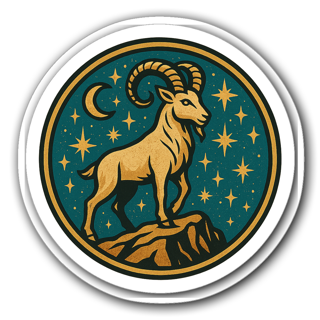 Vintage badge sticker design featuring a Capricorn goat and stars