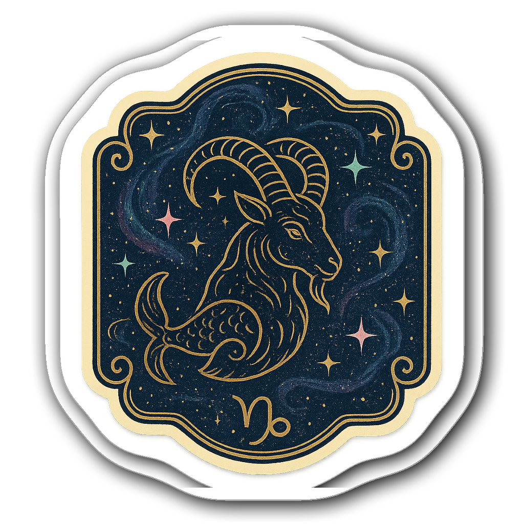 Capricorn constellation sticker with gold emblem and galaxies.