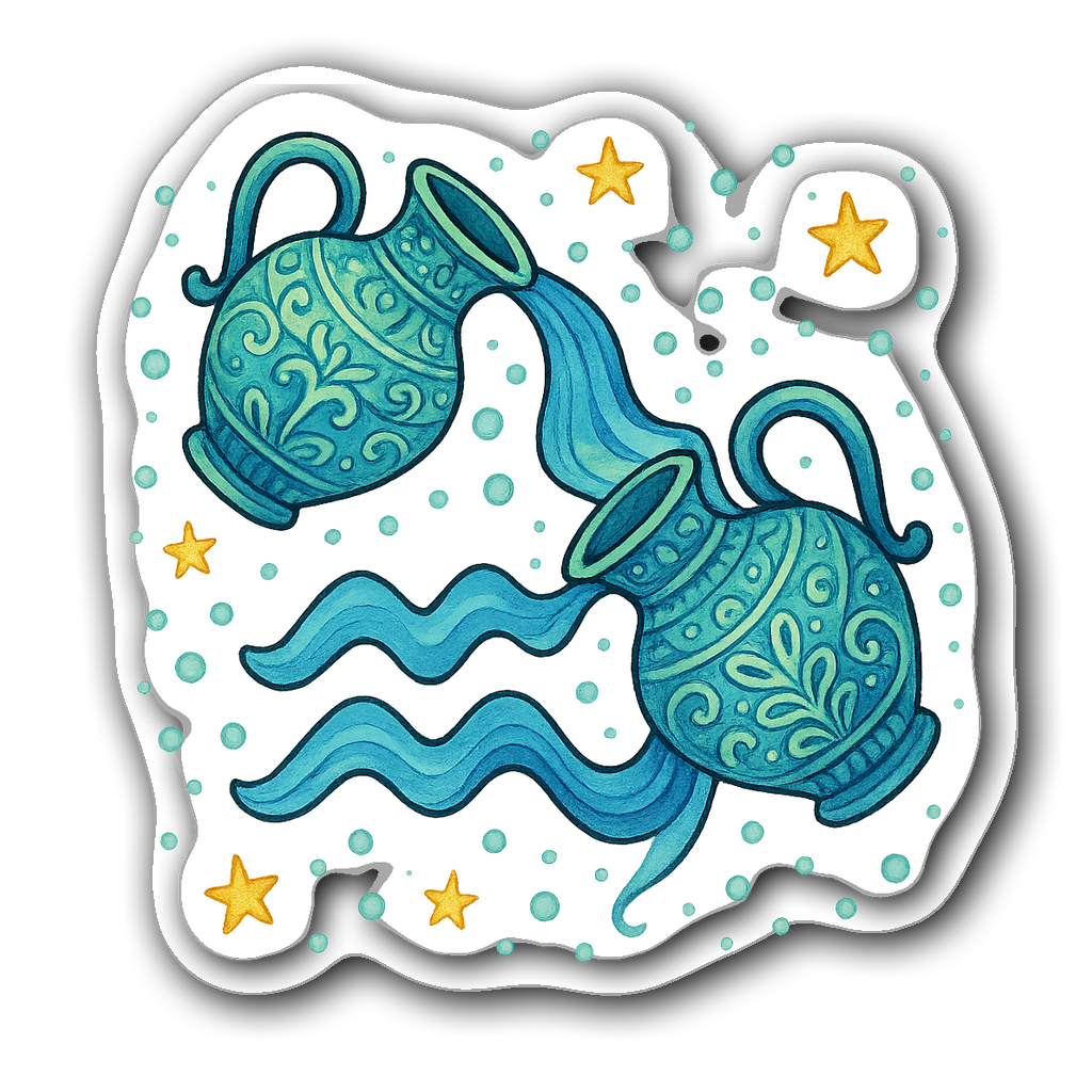 Whimsical watercolor illustration of the Aquarius zodiac symbol