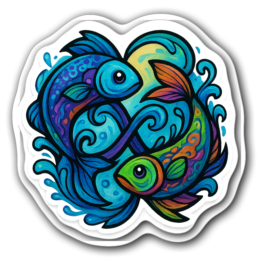 Vibrant graffiti-style Pisces sticker with entwined fish