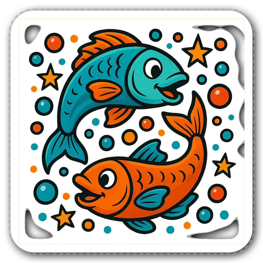 Pisces graffiti style sticker with cartoonish fish and bubbles