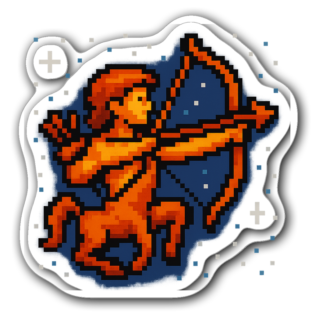 Sagittarius pixel art sticker of an archer aiming at stars