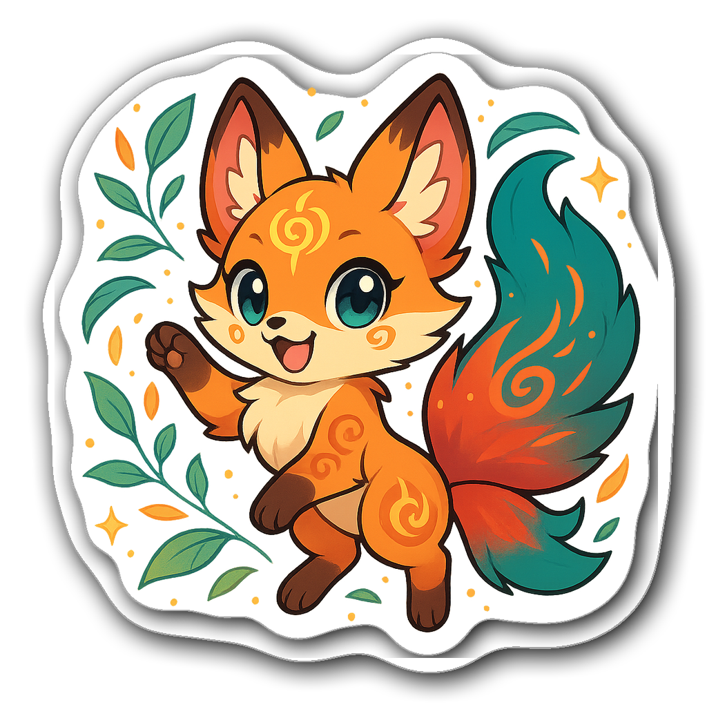 Anime fox spirit character die-cut sticker with colorful tails