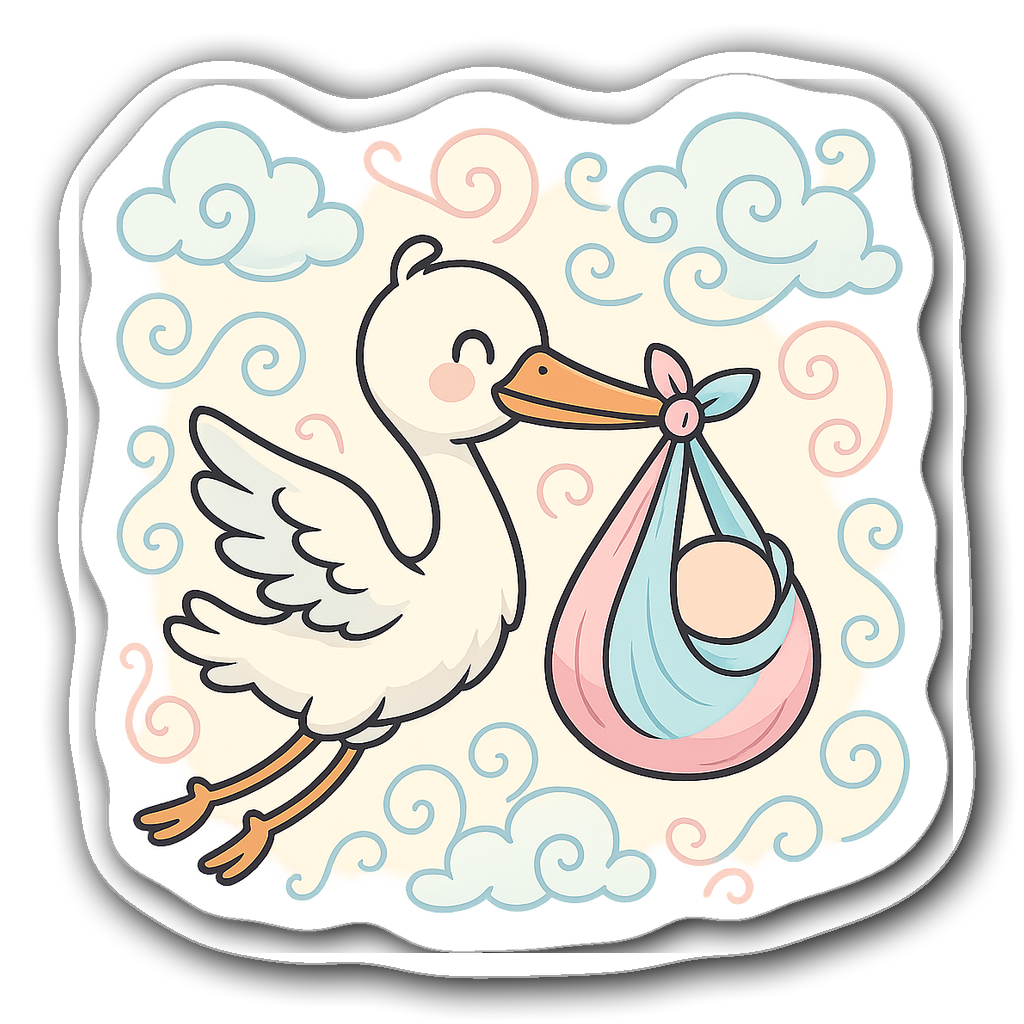 Adorable stork carrying a pastel bundle in a woodblock style