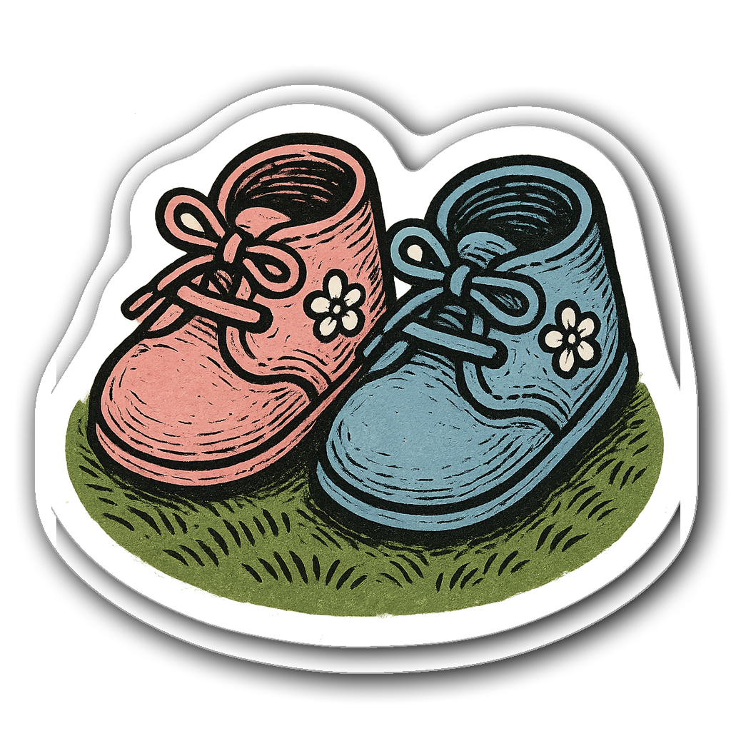 Baby shoes in linocut style on grass patch sticker