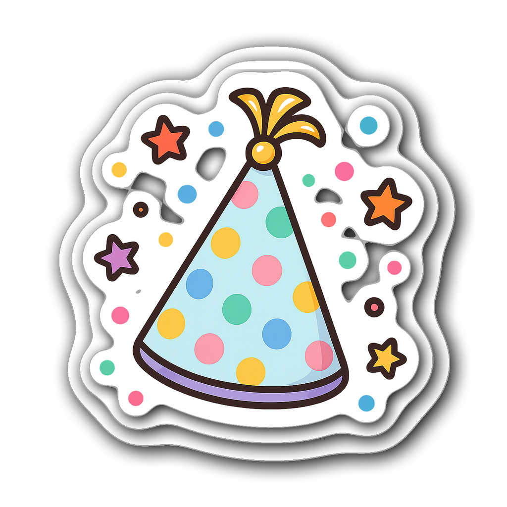 Cartoonish party hat with pastel polka dots and golden tassel.