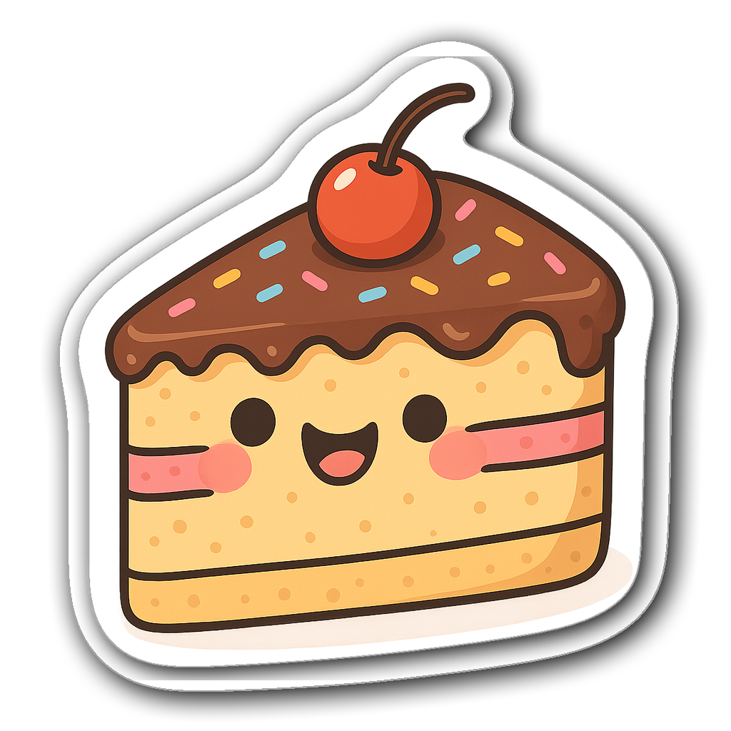 Smiling slice of birthday cake with cherry and sprinkles