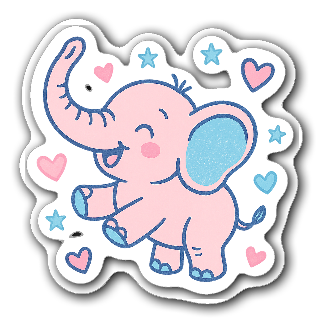 Joyful baby elephant lifting its trunk with stars and hearts