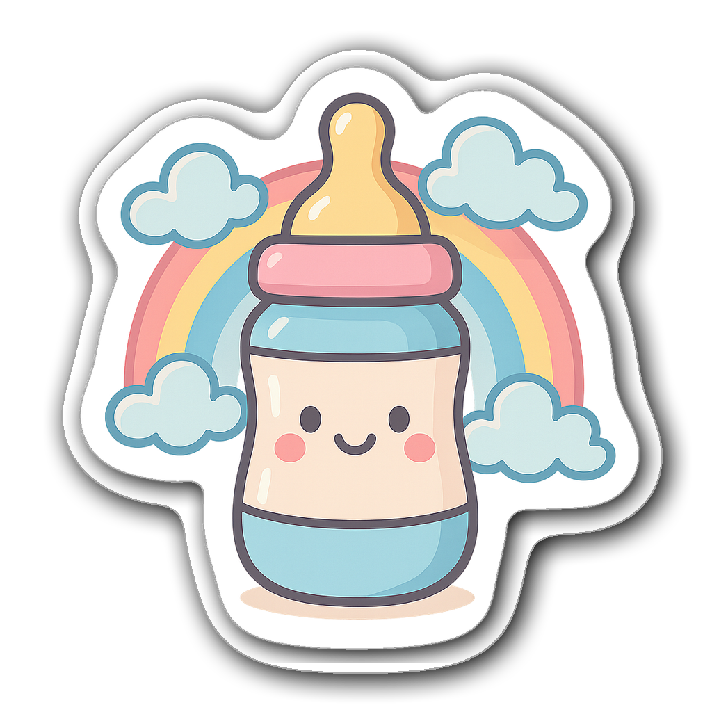 Cute baby bottle design with clouds and rainbow in pastel colors.