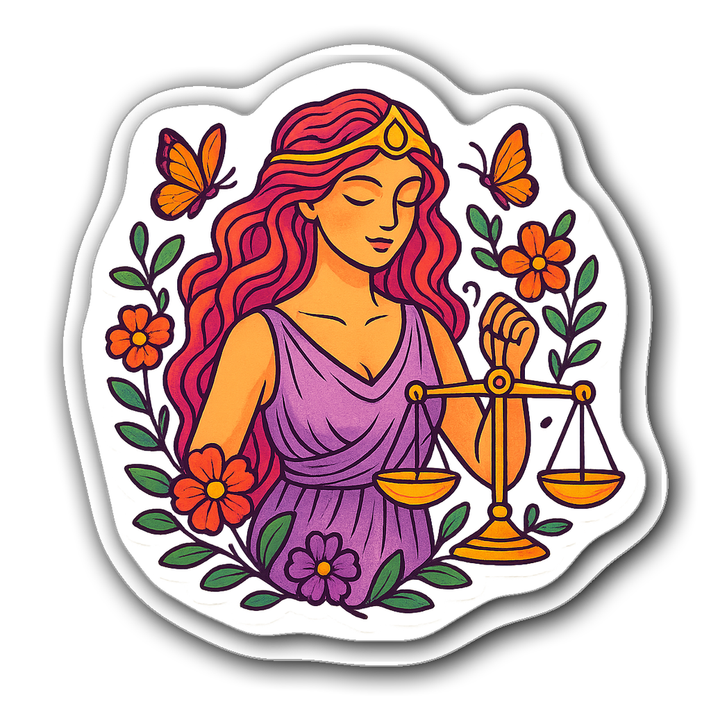 Libra goddess holding a scale with butterflies and flowers