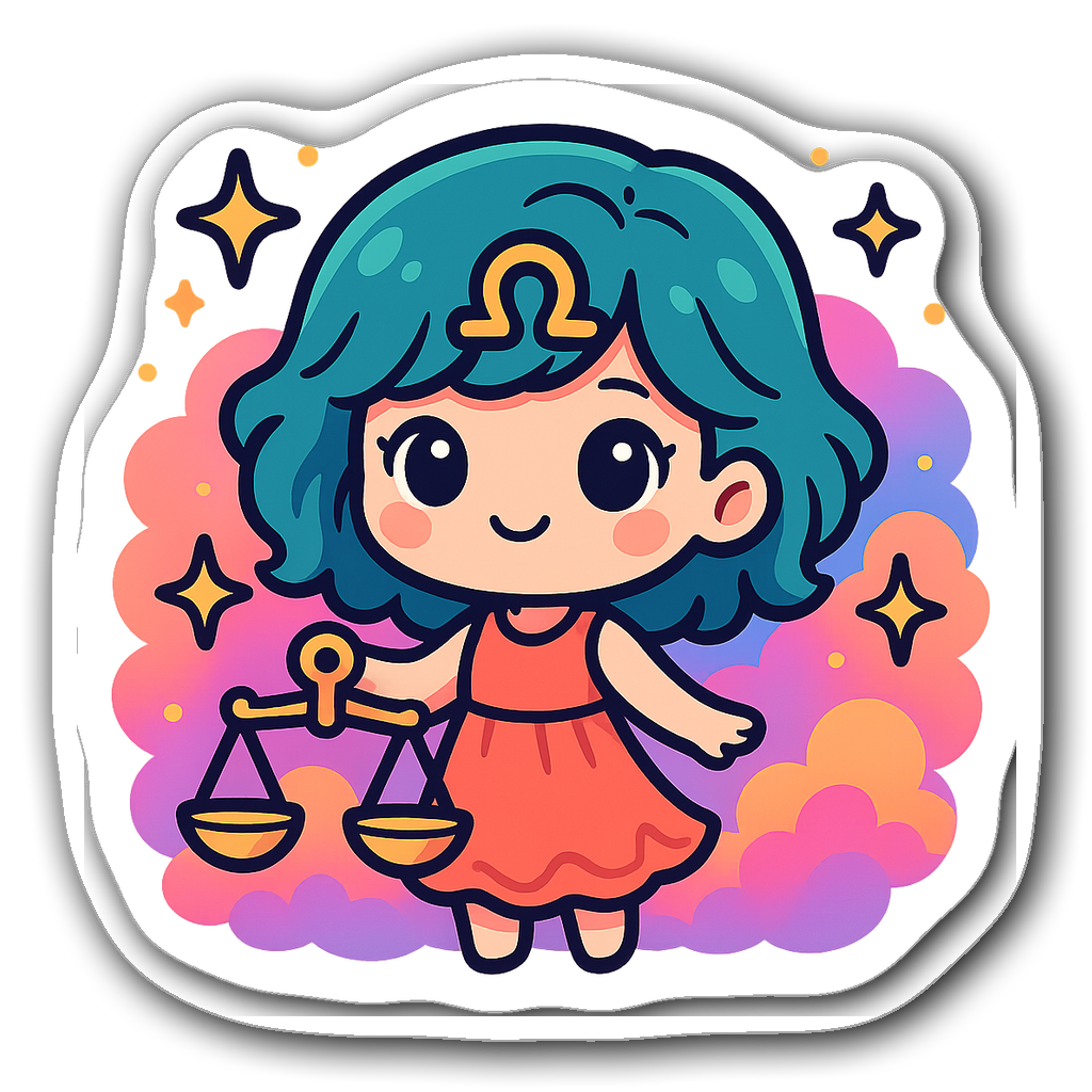 Chibi-style Libra character holding a scale with stars