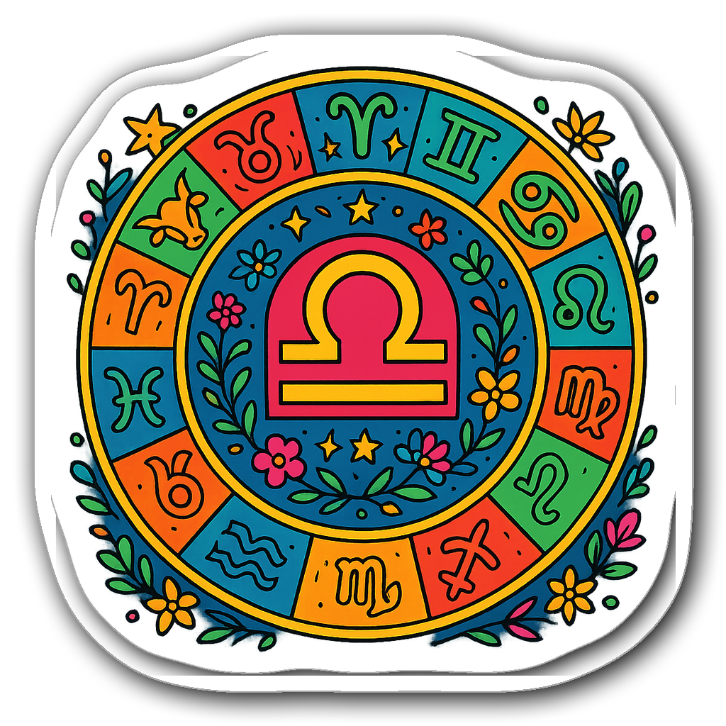 Vibrant Libra zodiac wheel sticker with stars and floral design