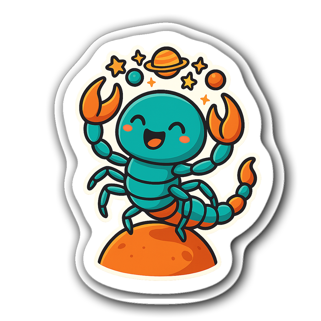 Kawaii chibi scorpion sticker on a cosmic cloud with stars