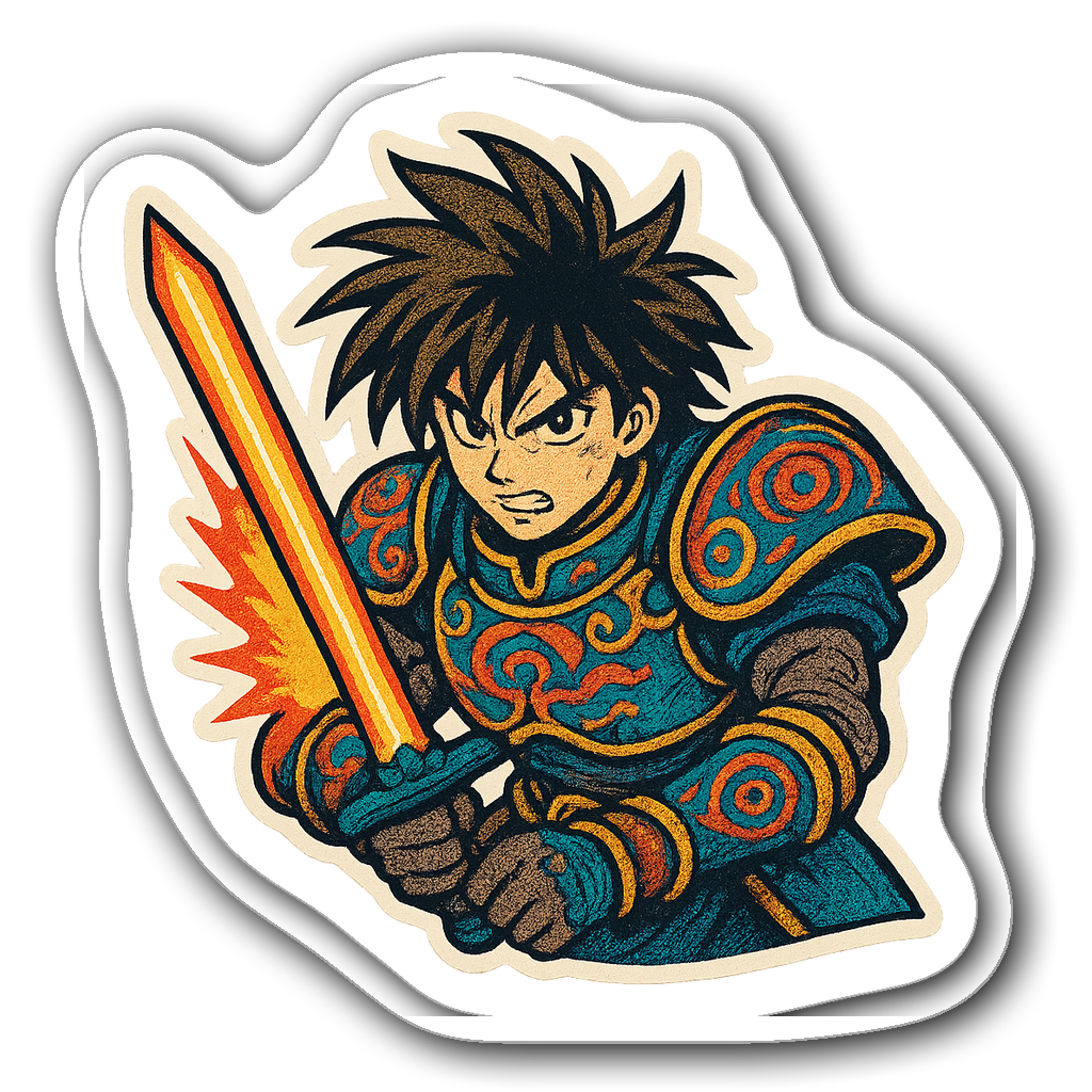 Retro anime warrior sticker with spiky hair and a glowing sword