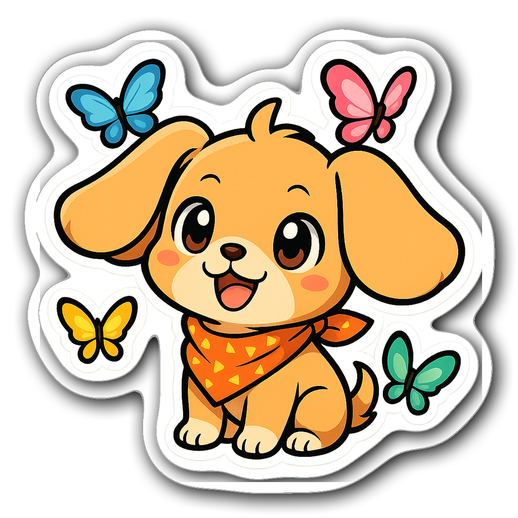 Adorable anime-style dog with butterflies sticker design