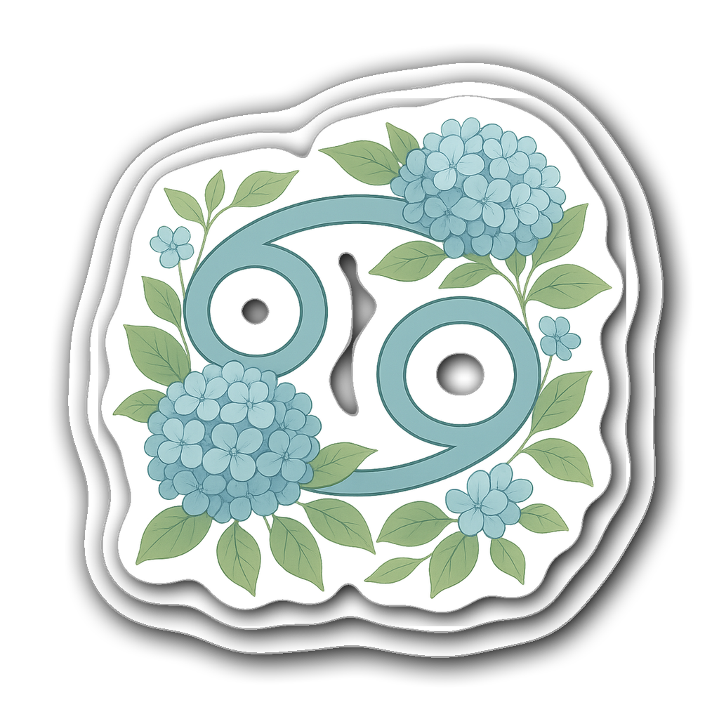 Floral Cancer zodiac symbol sticker with hydrangeas
