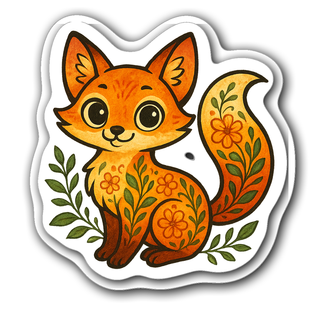 Whimsical fox spirit with floral patterns and vibrant colors
