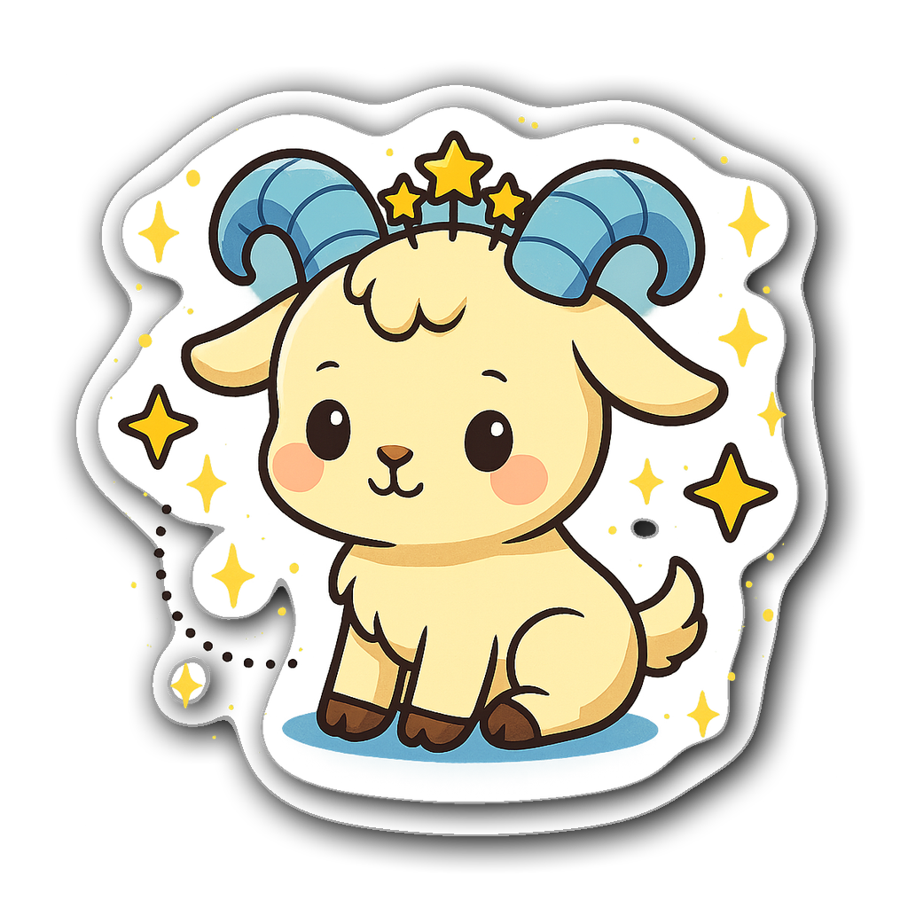 Kawaii chibi Capricorn character with mountains and clouds