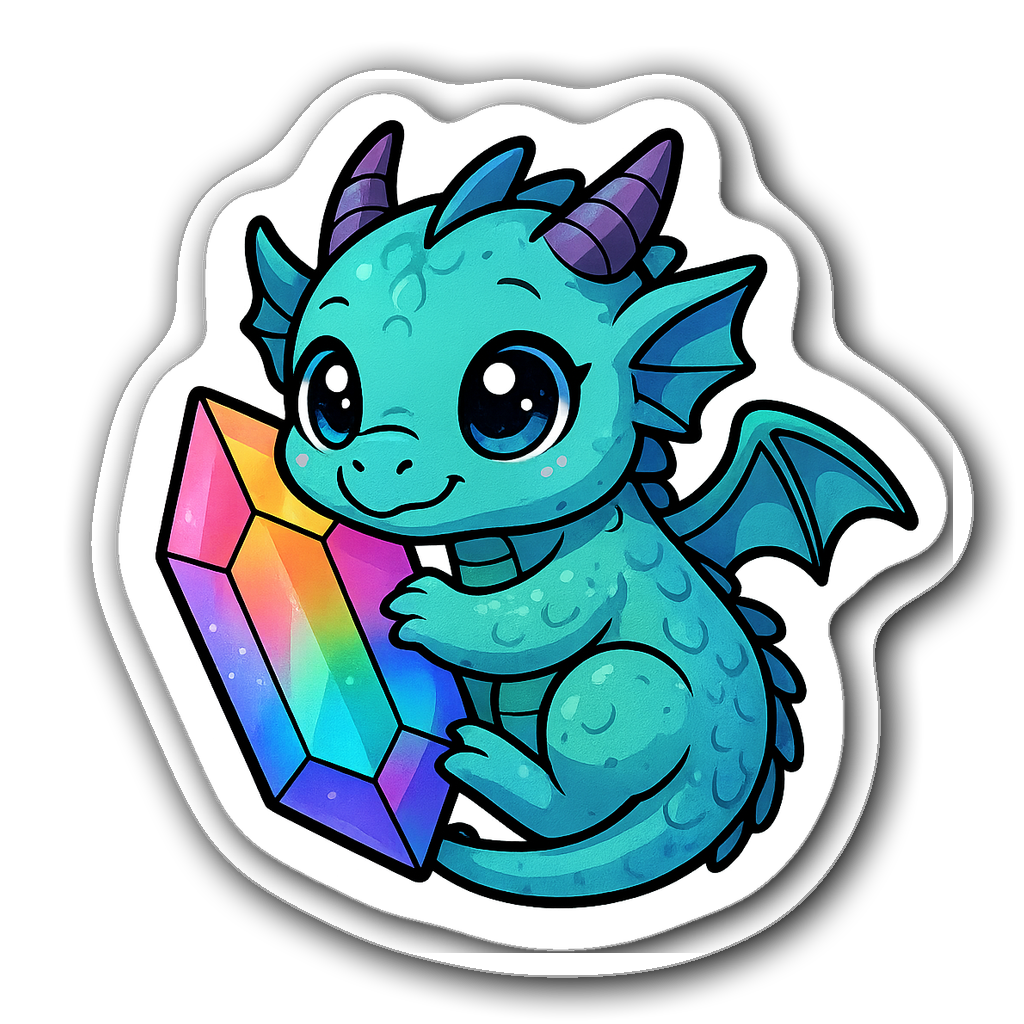 Cute chibi-style dragon curling around a colorful crystal