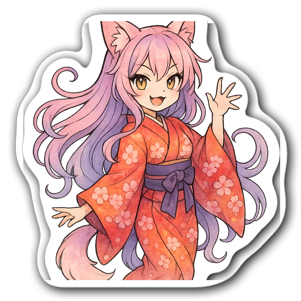 Watercolor anime cat girl sticker in kimono with cherry blossoms