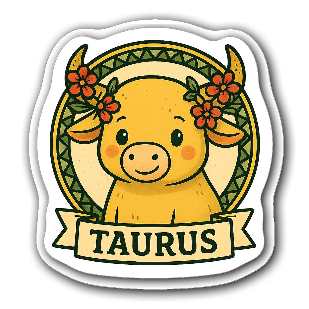 Cartoon bull Taurus zodiac sticker with flowers and badge design