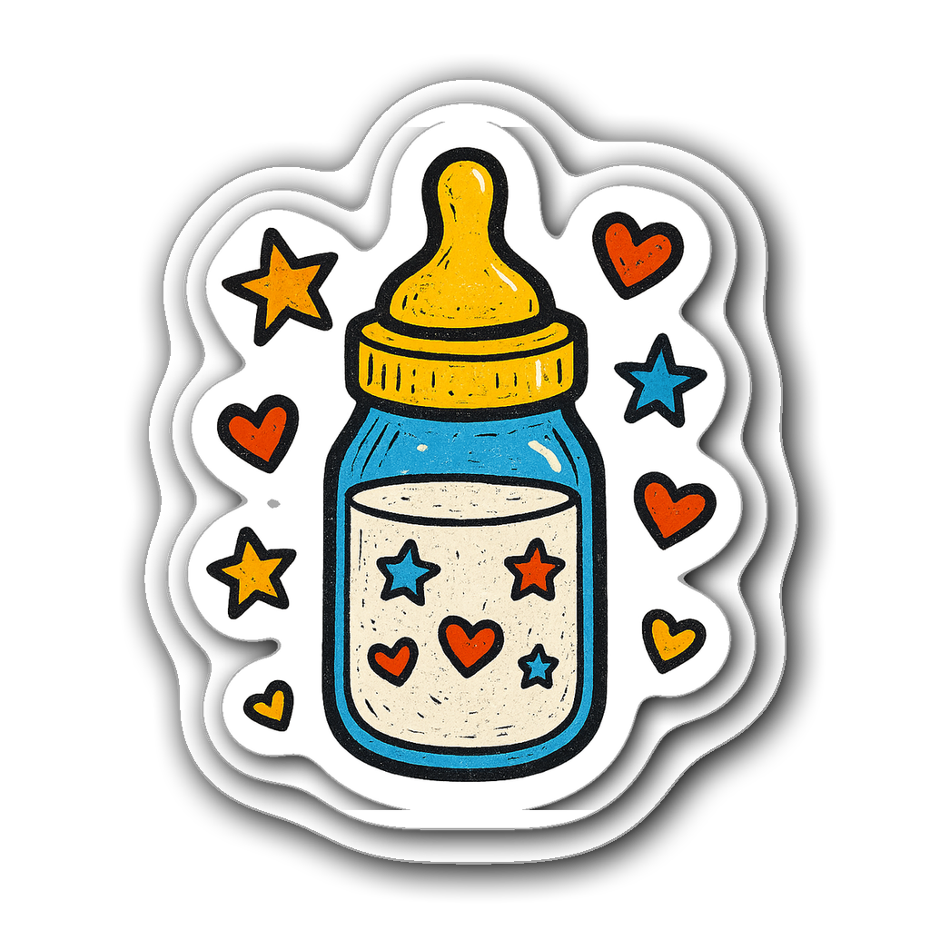 Cute baby bottle sticker with yellow cap and colorful milk