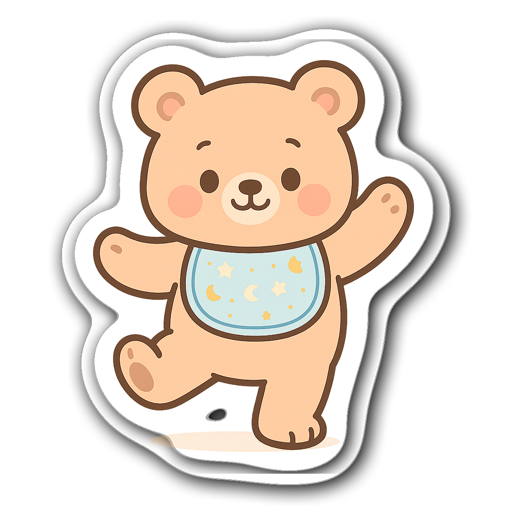 Cute cartoon bear wearing a baby bib with stars and moons
