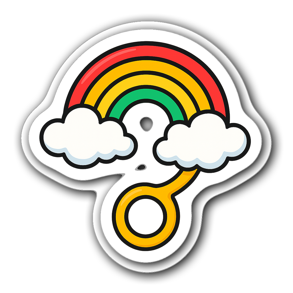 A colorful rainbow rattle sticker with fluffy clouds