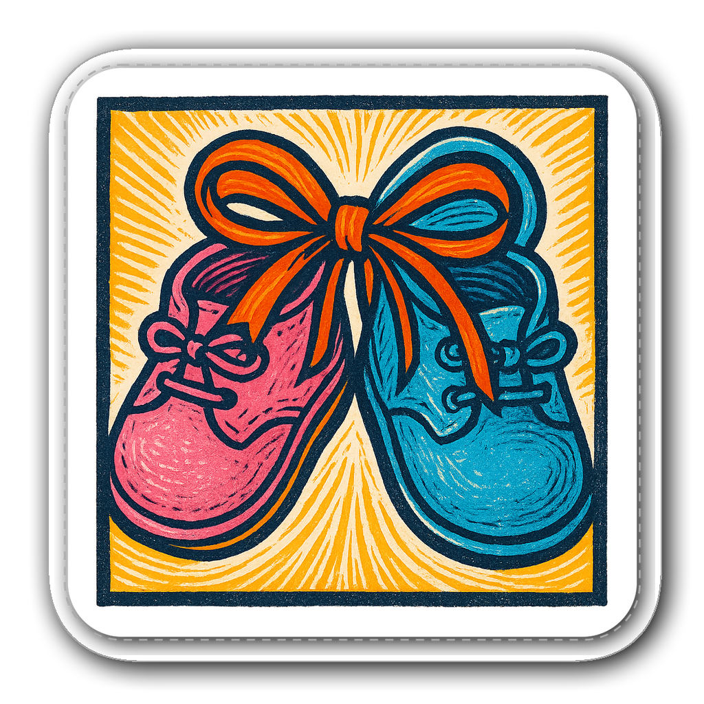 Baby shoes in pink and blue tied with a ribbon in linocut style