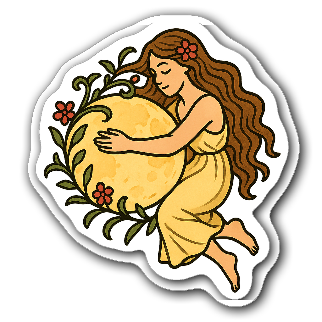 Whimsical Virgo woman embracing a bright full moon with vines