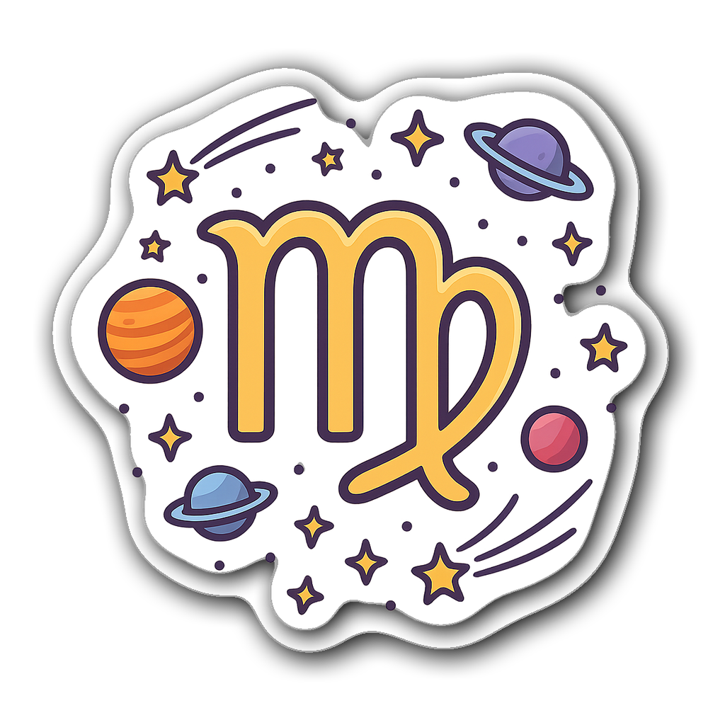 Virgo astrological symbol surrounded by colorful planets and stars
