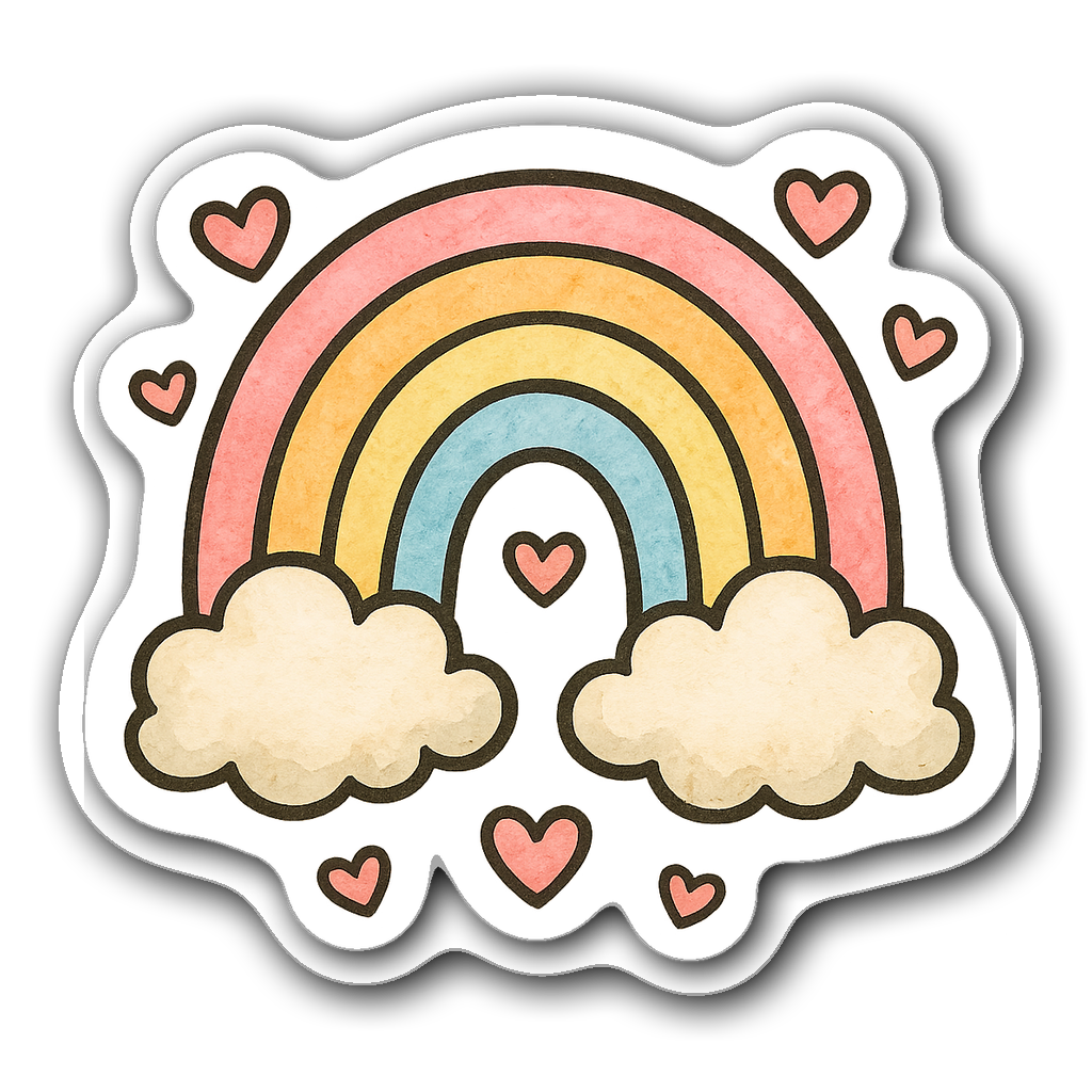 Cheerful watercolor pastel rainbow with clouds and hearts