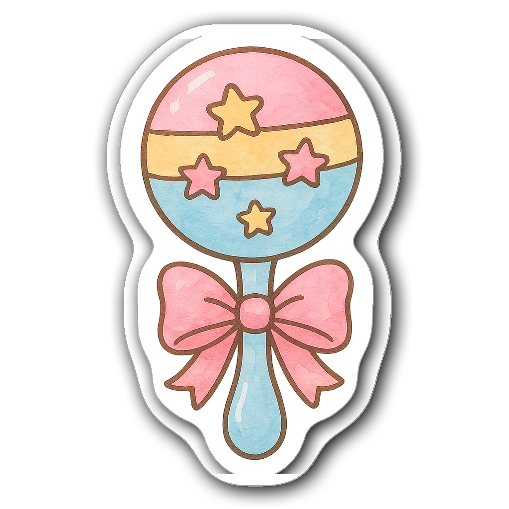 Adorable die-cut baby rattle sticker in pink and blue