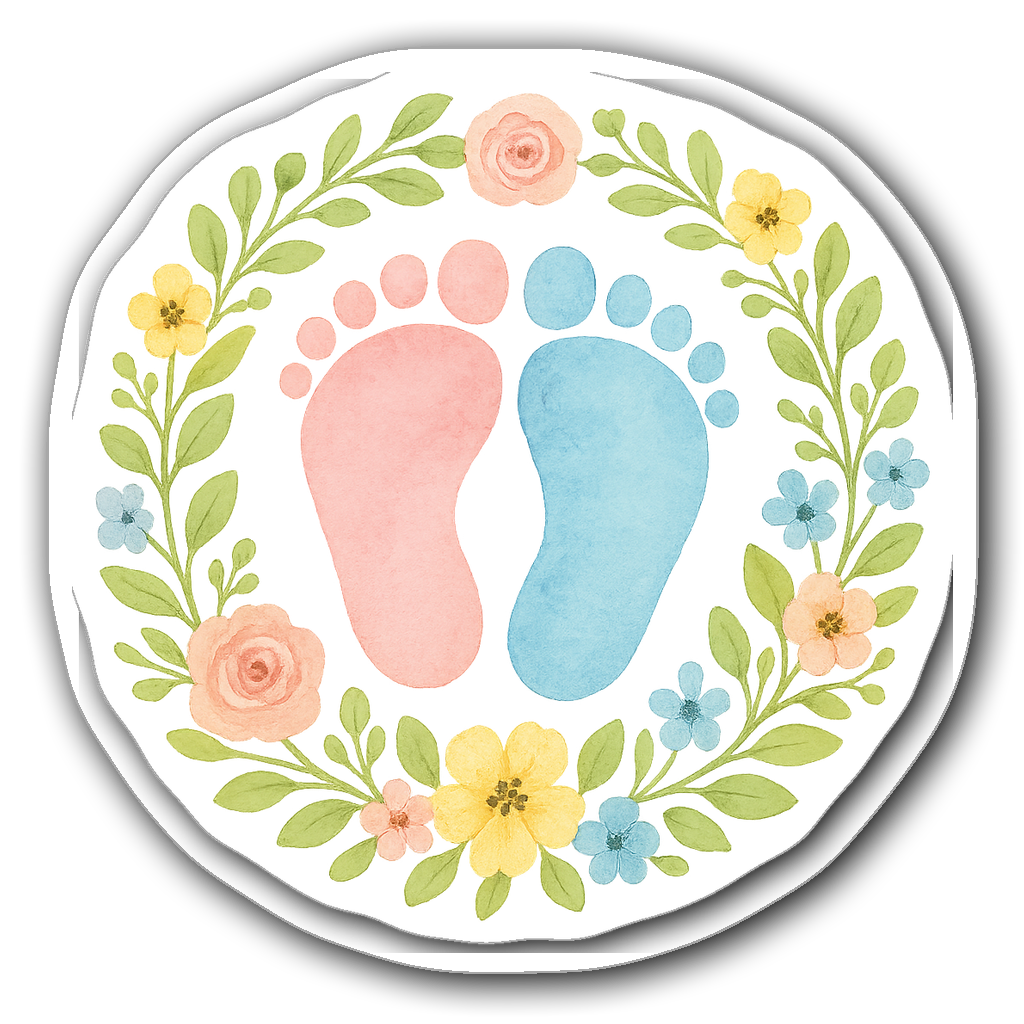 Watercolor baby footprint sticker surrounded by floral wreath