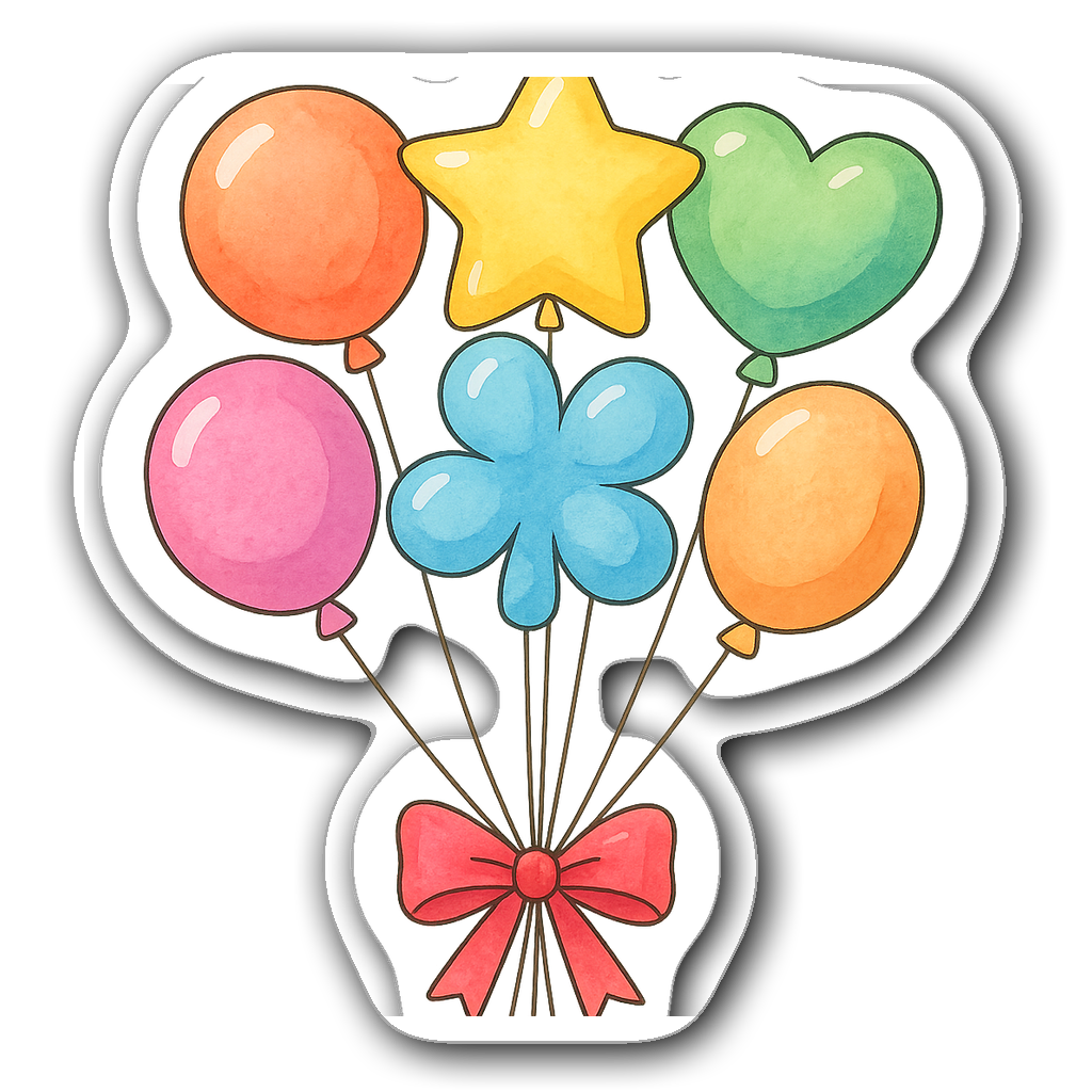 Watercolor illustration of colorful balloons tied with ribbon