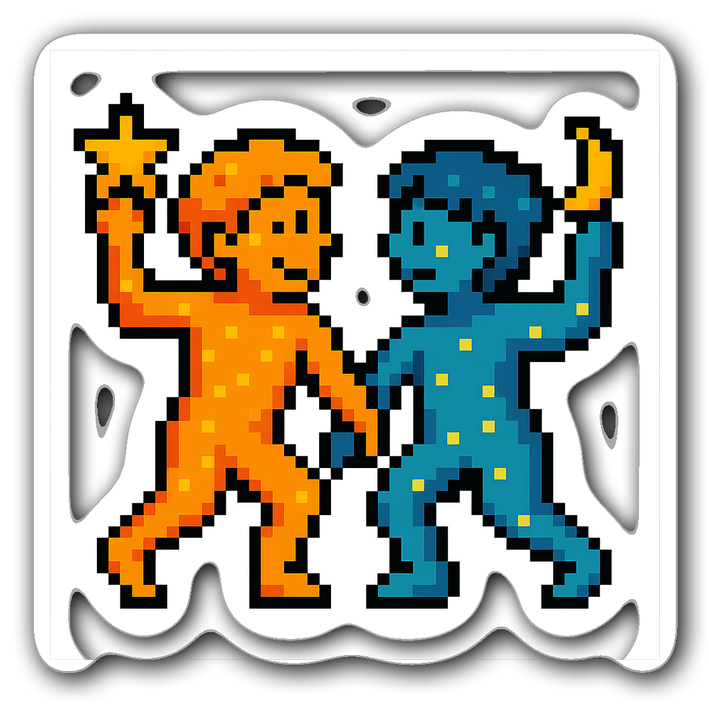 Gemini constellation pixel art sticker featuring twin figures