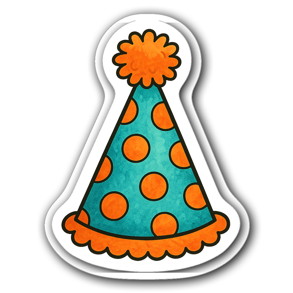 Watercolor cartoon-style party hat sticker with polka dots