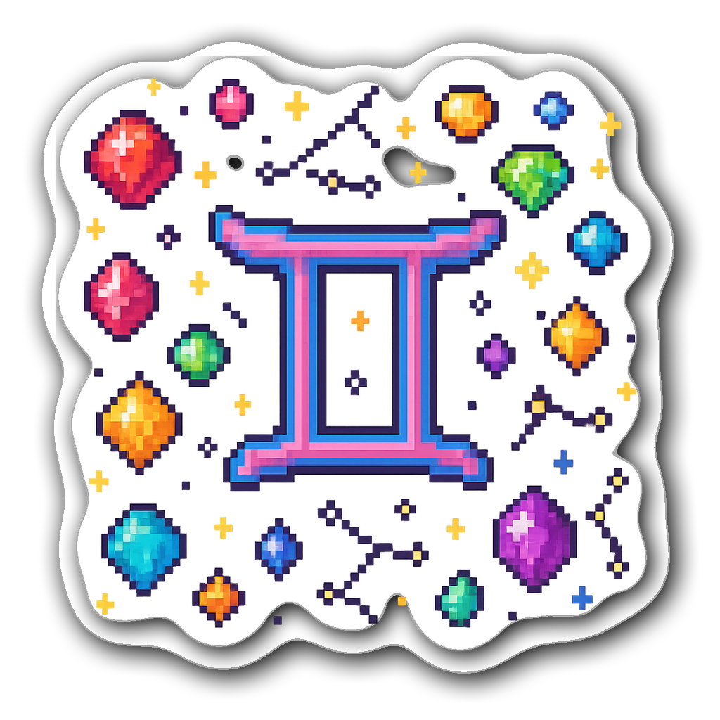 Gemini pixel art sticker with colorful gemstones and constellations