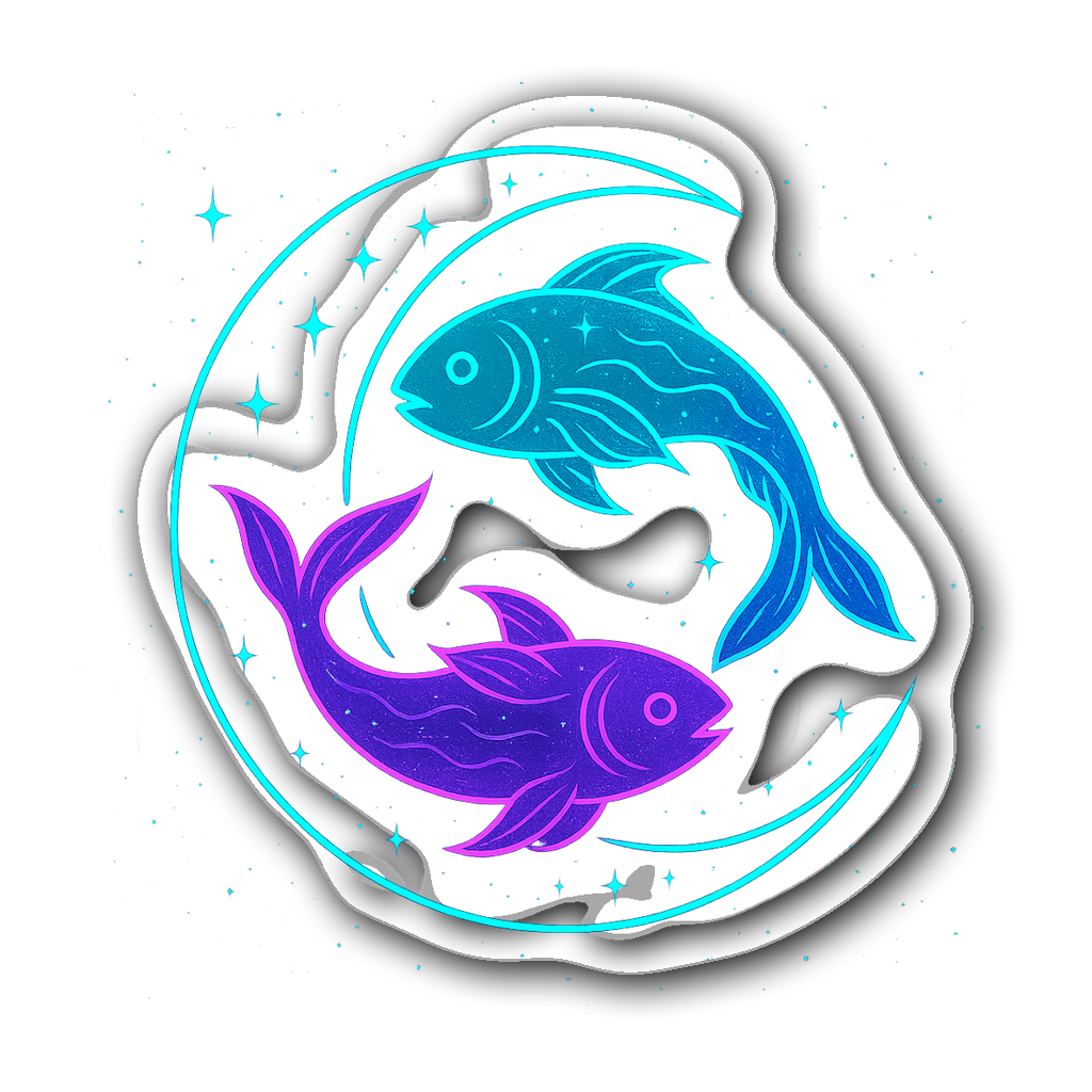Pisces neon glow sticker featuring two fish and stars