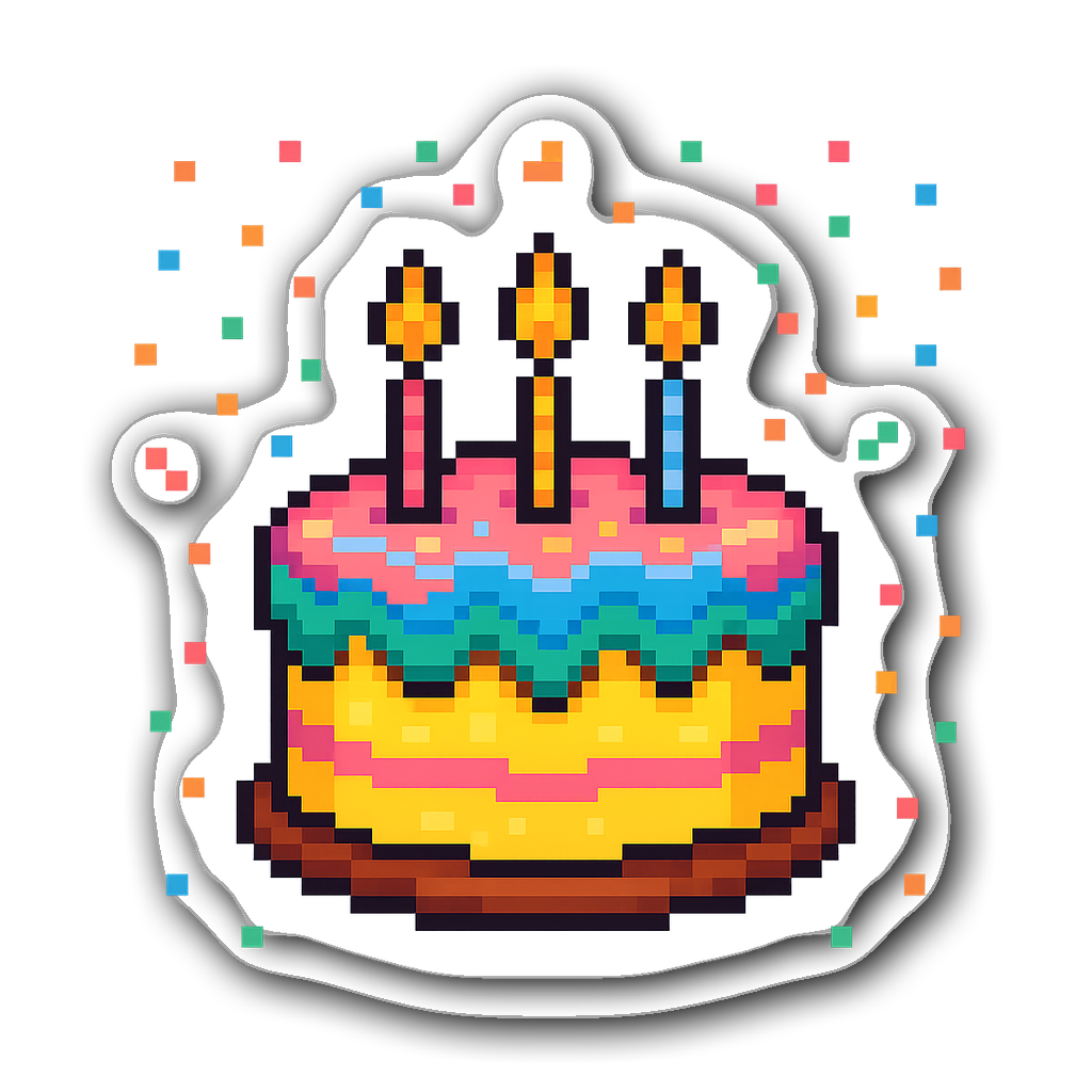 Pixel art birthday cake with colorful frosting and confetti