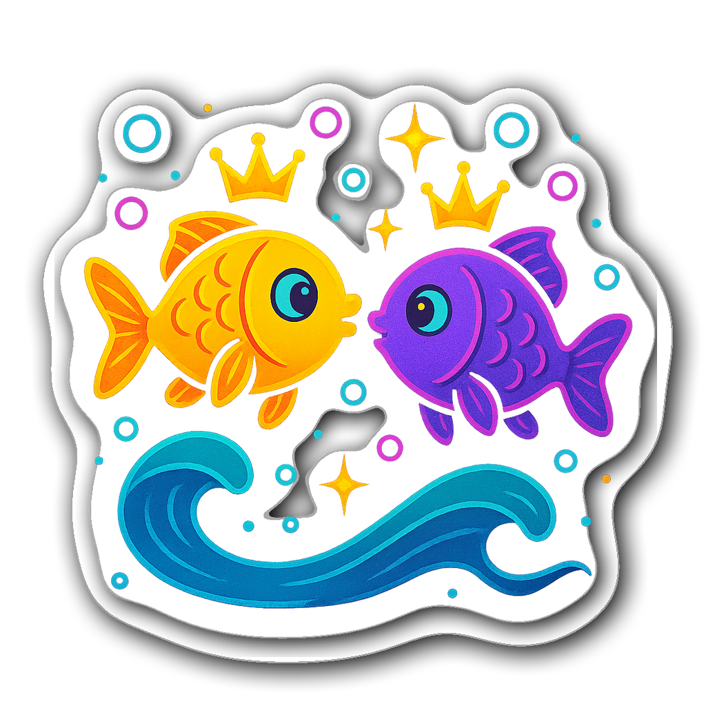 Whimsical Pisces sticker with cartoonish fish and crowns