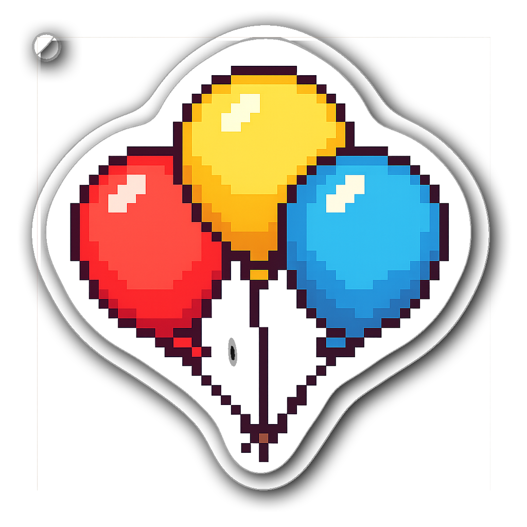 Pixel art balloon cluster sticker featuring three colorful balloons