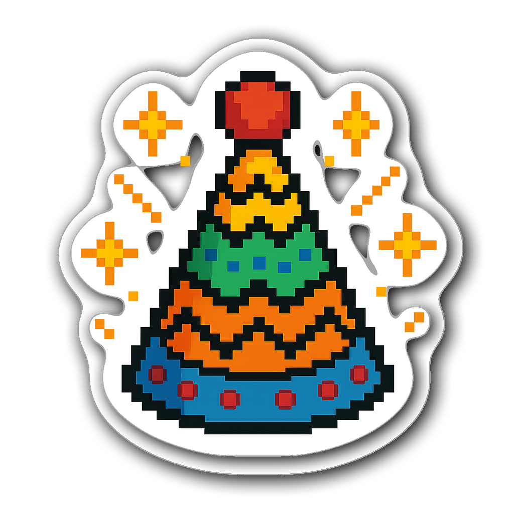 Pixel art sticker of a colorful party hat with sparkles